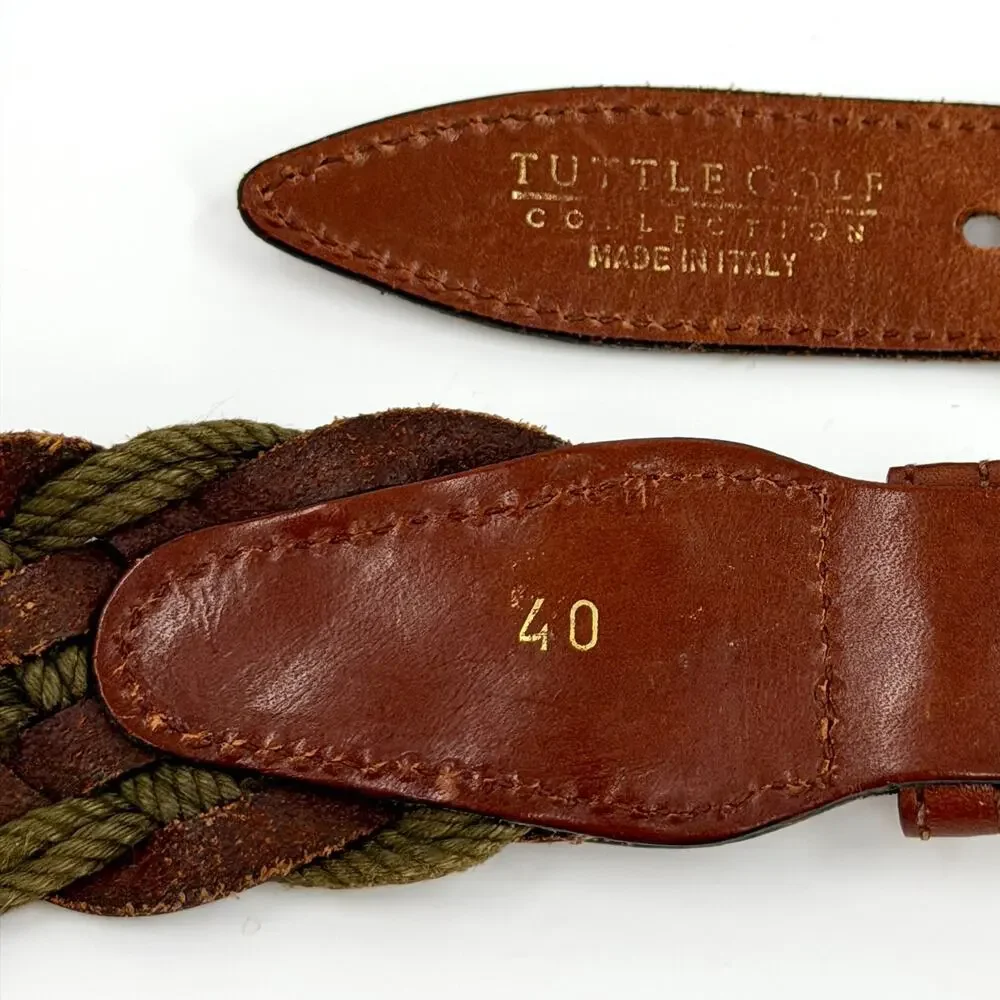 Vintage 90s Tuttle Golf Collection Brown Leather Green Cord Woven Belt